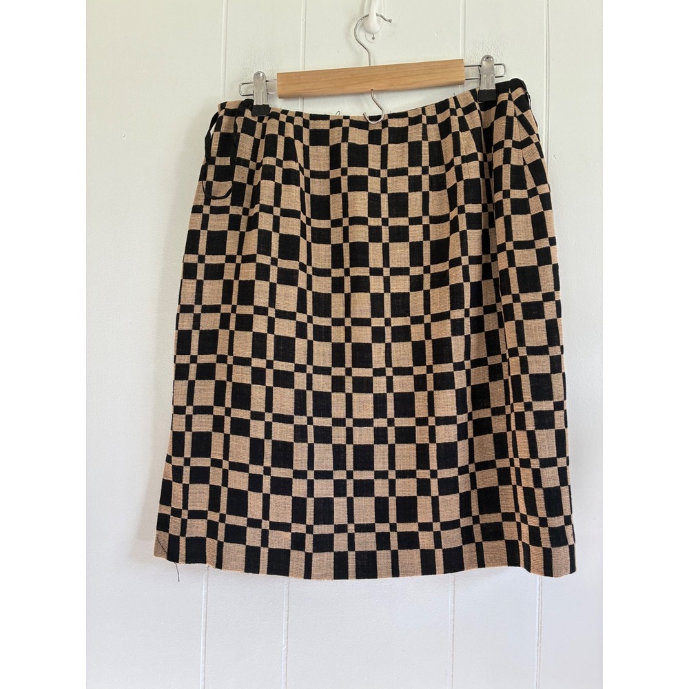 Linda Allard Ellen Tracy Checkered Wool Linen Skirt Black Nude Size 10 NEW